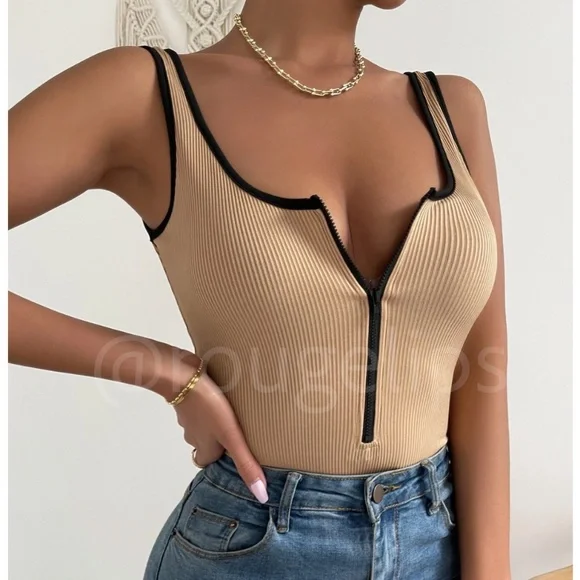Tan Bodysuit Contrast Black Binding Trim Fitted Nude Beige Camel Ribbed Zip - Picture 1 of 7